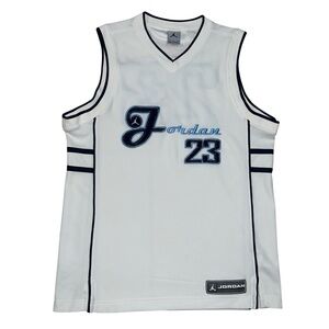 Vintage AIR JORDAN #23 BASKETBALL JERSEY Silver Tag White Blue Mens Size M
